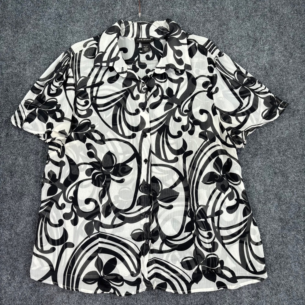Lane Bryant Womens 18/20 Black White Abstract Floral Chiffon Button Down Blouse